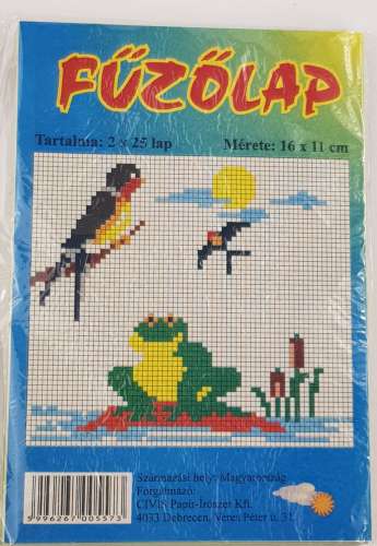 Fűzőlap 11x16cm, 50 pieces, cross stitch, craft, kids, activity, fun, creative, learning, educational, DIY, hobby, leisure, art, design, pattern, colorful, bird, frog, sun, bat, water, reeds, nature, animals,  