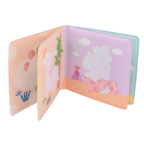 Kúpacia kniha s dinosaurami meniacimi farbu, otvorená kniha ukazujúca strany s ilustráciami dinosaurov