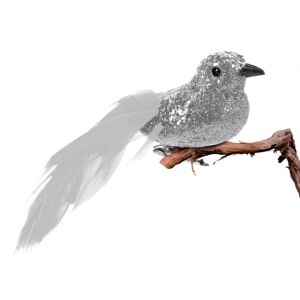 Iskrivá strieborná vtáčia vianočná ozdoba s perovou chvostom - Nonbrand Ozdoby na vianočný stromček