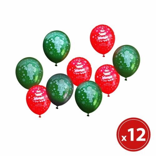 Set of 12 red and green Christmas balloons with Santa and Christmas tree designs