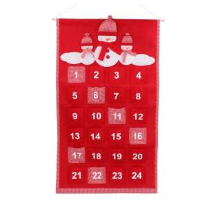 Calendar advent roșu din stofă cu design de om de zăpadă, 24 buzunare pentru numărătoarea inversă de Crăciun - Calendare de Advent