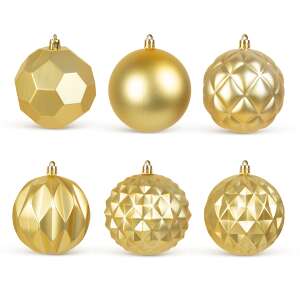 Set of 6 gold Christmas ornaments, featuring various geometric designs - Christmas