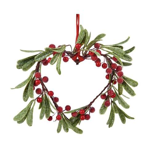 X-Mas függődísz, szív alakú, piros bogyókkal 24 cm