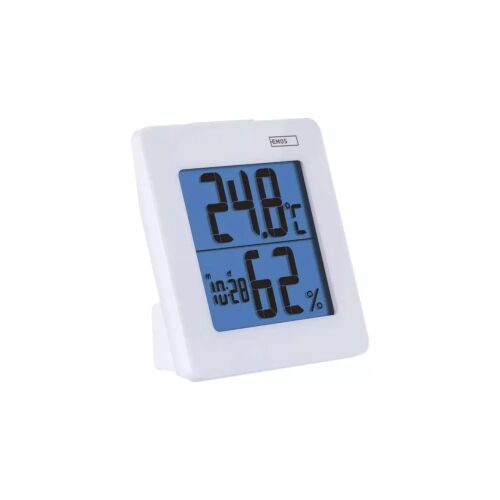 Emos E0114 digital indoor thermometer and hygrometer angled view