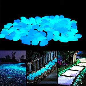 100 pieces glow in the dark pebbles, decorative stones, for outdoor use, blue color, usage examples - Iso Trade