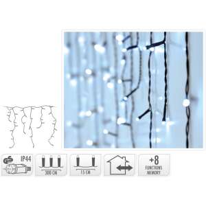 180 LED-es jégcsap fényfüzér, hideg fehér, 6m hosszú, 8 funkció, memória chip, IP44 vízálló, beltéri/kültéri használatra - Nonbrand Fényfüzér