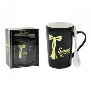 Fekete bögre sárga masnival és a 'Sweet' és 'Be Mine Mr.' felirattal, kanállal, ajándékcsomag - Nonbrand Bögre
