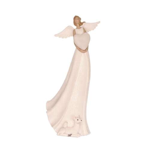 Fehér angyal szobor szívvel és báránykával, 14x10x32 cm