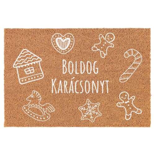 Karácsonyi ajtóelő, mézeskalács emberrel, cukorka botot és más karácsonyi motívumokkal, "Boldog Karácsonyt" felirattal