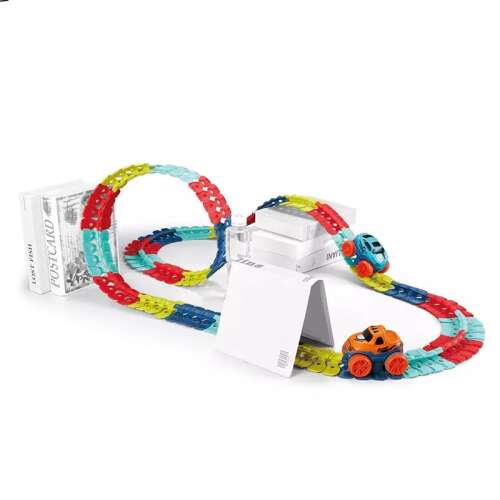 Springos 184 piece flexible race track with two cars, the track is bendable and glows when the car drives on it