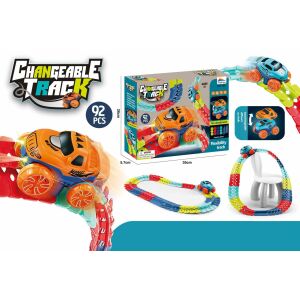 Springos 92-piece Flexible Car Track Set with 2 Interchangeable Car Bodies, packaging and track examples - Motorway & Parking Garage