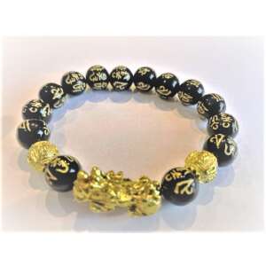 Brățară Feng Shui Pi Xiu din obsidian negru cu accente aurii și mantre tibetane - Brățări dame