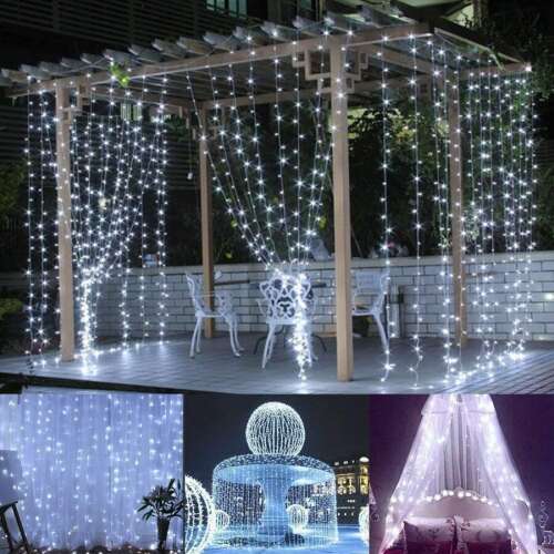 3x3m Cool White LED Curtain Lights, Indoor and Outdoor, 300 LEDs, 3m Drop Length, Waterproof, Connectable