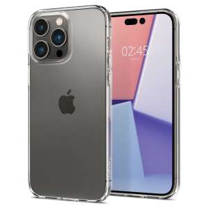 Priehľadné puzdro Spigen Liquid Crystal pre iPhone 14 Pro Max, zobrazujúce puzdro na telefóne s fialovým pozadím - Spigen