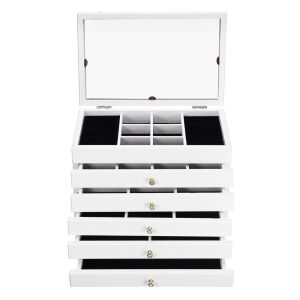Open white jewelry box with mirror and multiple compartments - Jewelry Box