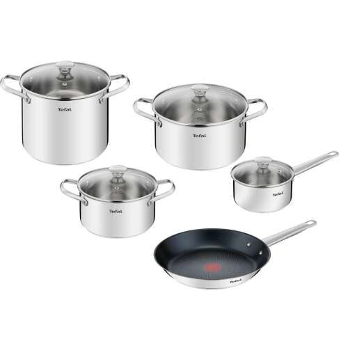 Tefal Cook Eat set za kuhanje, 9 dijelova, lonci i tave od nehrđajućeg čelika sa staklenim poklopcima, uključuje tavu, lonac, lonac za juhu