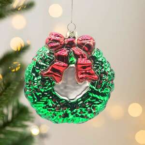 Selowei üveg karácsonyfadísz, koszorú piros masnival - SELOWEI