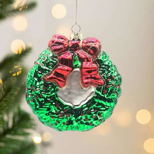 Selowei üveg karácsonyfadísz, koszorú piros masnival