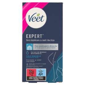 Veet Expert Wax Strips for Sensitive Skin, 12 strips with almond oil for up to 28 days of smooth skin - Veet