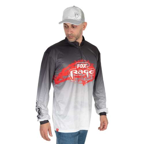Fox Rage Performance Team Top XXL horgász póló, fekete-fehér színben, piros logóval, hosszú ujjú, fél cipzáras - Horgász póló