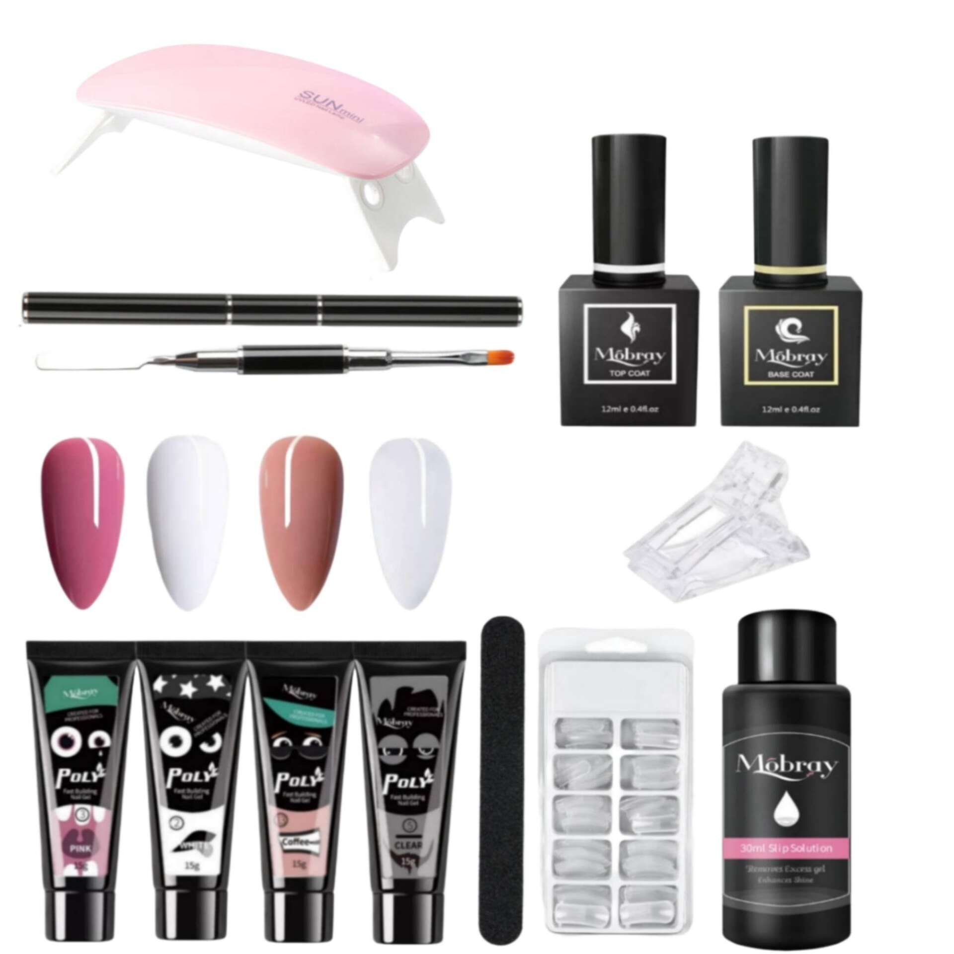 Acryl-Poly Gél szett lámpaval, 4 db 15 ml poly gél (Lámpa, Base gel, Fényes zselé, Tips)