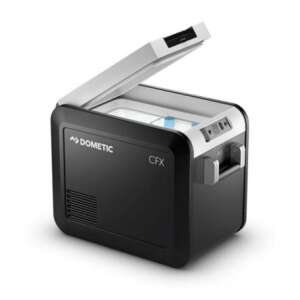 Dometic CFX3 25L frigider portabil cu compresor și congelator, negru și argintiu, capac deschis, vedere din unghi - Transportatori de alimente și băuturi