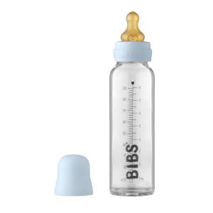 BIBS 225 ml-es üveg cumisüveg kék kupakkal és lassú áramlású cumifejjel - BIBS