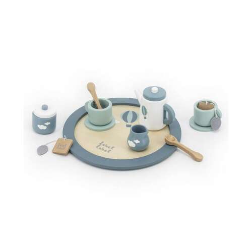Label Label fa teáskészlet gyerekeknek, zöld és fehér színben, tálcával, teáskannával, csészékkel, cukortartóval, tejeskannával, kanalakkal, teafilterekkel