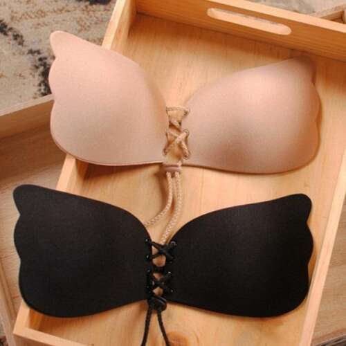 Self-adhesive push-up bra for low-cut or backless dresses, A-B cup size, black and beige