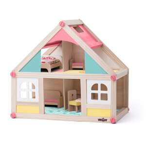 Woodyland fa babaház bútorokkal és babákkal, pasztell színek, 2 baba, 7 bútor, 4 szoba, hordozható, könnyen összeszerelhető - Babaház