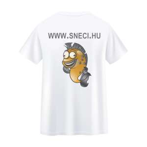 Fehér Sneci póló, rajta egy rajzolt hal mintával a hátoldalon, a www.sneci.hu weboldallal - Póló