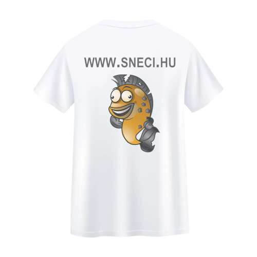 Fehér Sneci póló, rajta egy rajzolt hal mintával a hátoldalon, a www.sneci.hu weboldallal