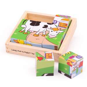 Bigjigs Toys FA KOCKA KIRAKÓ - Puzzle Cuburi din Lemn Animale de Fermă - Puzzle pentru copii