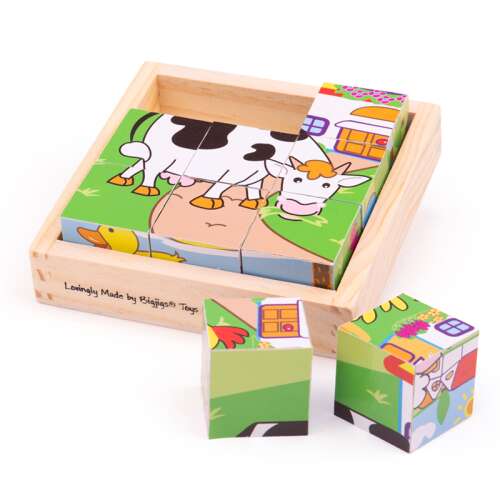 Bigjigs Toys FA KOCKA KIRAKÓ - Puzzle Cuburi din Lemn Animale de Fermă