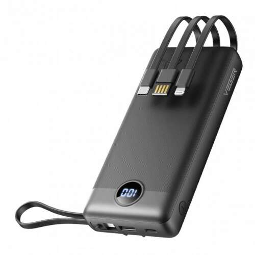 Veger C20 20000mAh power bank with built-in cables, black