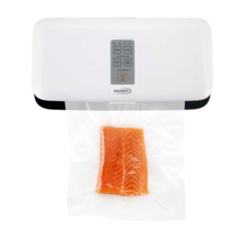 Hauser VS-330W Vacuum Sealer, white, with salmon in a vacuum bag