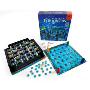 Az elvarázsolt labirintus társasjáték alkatrészei, beleértve a játéktáblát, a figurákat és a kockákat - Nono