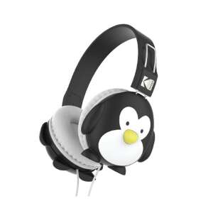 Kodak 100 Kids vezetékes fejhallgató, pingvin mintával, fekete-fehér, gyerekeknek, vezetékes, kényelmes, állítható fejpánttal - Kodak