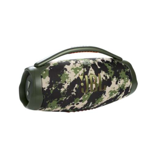 JBL Boombox 3 portable Bluetooth speaker in camouflage pattern, side view