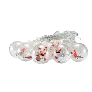 Karácsonyi fényfüzér 10 hógömbbel, télapó figurákkal és havat imitáló golyókkal, meleg fehér fény, 3 méter hosszú, BBV - Nonbrand Fényfüzér