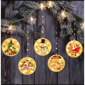 Karácsonyi ablakfények 5 különböző mintával: hóember, karácsonyfa, Mikulás, és ezek kombinációjával, meleg fehér LED fényekkel - Nonbrand Fényfüzér