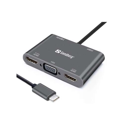 Sandberg USB-C Dock, 2xHDMI, 1xVGA, USB, PD, Aluminiumgehäuse, grau