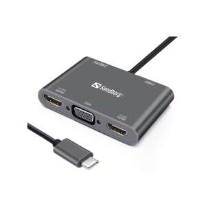 Sandberg USB-C dokkoló, 2xHDMI, 1xVGA, USB, PD, alumínium ház, szürke - Sandberg