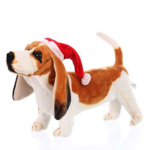 Jucărie Skip basset hound din plus, 40cm, maro și alb, cu o pălărie roșie de Moș Crăciun