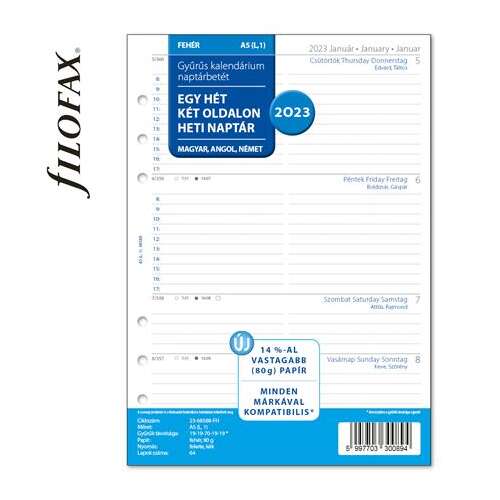 FILOFAX Calendar inserat, planificator pentru Filofax, A5, săptămânal, 1 săptămână/2 pagini, 2023