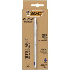 BIC Cristal Re`New Mat Metalik Punjiva Kuglasta Olovka, Plava Tinta, 1 Olovka + 2 Punjenje - Kemijska olovka