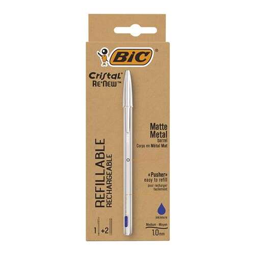 BIC Cristal Re`New Stilou cu Bile Metal Mat, Cerneală Albastră, 1 Stilou + 2 Refill