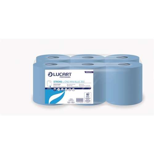 6 pachete de prosoape de hârtie LUCART L-One mini Strong Blue 350, 2 straturi, albastru, 350 de foi pe rolă, 59m, certificat EU Ecolabel, aprobat pentru contactul cu alimentele