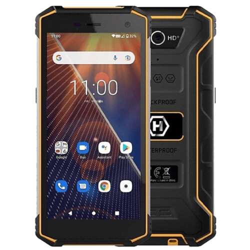 myPhone Hammer Energy 2 Eco 32GB 3GB RAM Dual SIM smartphone, black and orange, front and back view