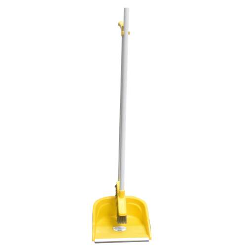 Yellow plastic dustpan with broom and handle